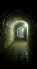 Dark, mysterious tunnel with a vanishing point perspective, captured with dramatic lighting. This old brick tunnel features textured walls and a wet floor with reflections.