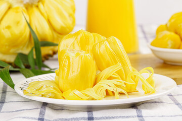 Fresh Yellow Jackfruit Flesh from Vietnam - Tropical Fruit Preparation on White Plate