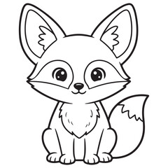 Obraz premium Line art illustration of an adorable cartoon fox sitting and facing forward, featuring oversized ears, a fluffy chest, and a cute expression. Great for children's coloring pages or animal themes. 