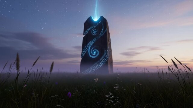 Ancient monolith in a misty field at dusk with glowing runic carvings appearing and fading, historical mystery animation.