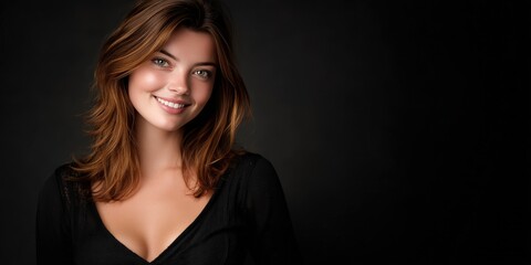 Smiling Young Woman with Long Hair in a Dark Studio Setting