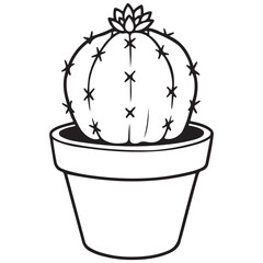 Line art illustration of a simple, round barrel cactus planted in a classic flower pot, featuring small spines and a decorative bloom on top. Great for botanical or desert-themed coloring.  © Crazy Monday Studio