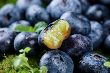 Fresh Blueberries with Water Drops and Mint Leaves - Healthy Organic Fruit Close-up