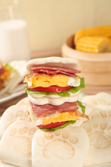 Bear Face Breakfast Sandwich with Eggs Bacon and Vegetables on Cute Paper Bag