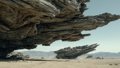 Fototapeta premium Alien landscape; layered rocks overhang desert