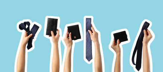 Hands holding men's wallets and neckties on blue background
