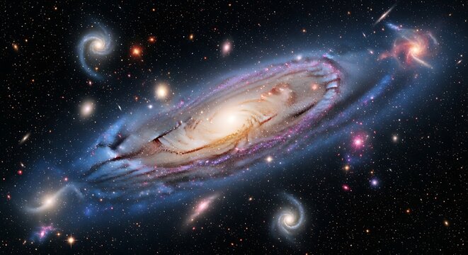 Spiral galaxy and surrounding galaxies in deep space with stars and nebulae cosmos universe