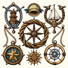 Intricately detailed badges and frames made from woven rope, rusted anchors, sailing ship wheels, and antique compasses. Include elements like splintered wood textures, nautical stars, and wave motifs