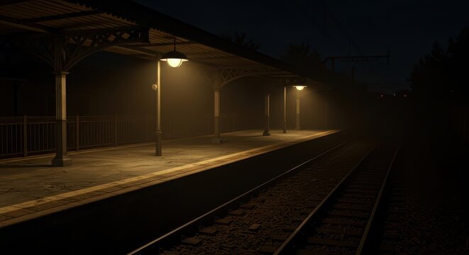 Illuminated train platform under a vintage canopy at night, bathed in soft, diffused light from the lamps, creating a mysterious and evocative ambiance with parallel train tracks extending into the...