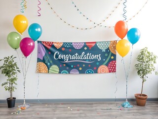 A festive banner proclaiming congratulations hangs between colorful balloons and celebratory decorations marking a special occasion