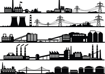 Obraz premium Collection of industrial factory silhouettes showing power lines smokestacks and manufacturing plants