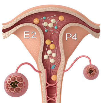 Uterine Lining and Ovarian Function: Estrogen (E2) and Progesterone (P4) Signaling Digital 3D Cross-Section of the Uterus Illustrating Reproductive Hormone Effects