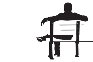 Fototapeta premium A silhouette of a person sitting on a bench is depicted in a black and white illustration isolated on white background, relaxing with legs crossed vector illustration