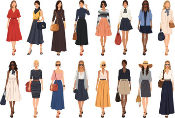 Fototapeta premium Diverse group of stylish women in fashionable outfits showcasing various clothing styles and accessories against a white background