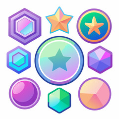 A collection of badges (in various simple shapes like circles, hexagons, and stars) that have the iridescent, rainbow shine of holographic foil or cellophane. The design is in the stunning color effec