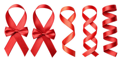 Red Satin Ribbon Set – Awareness, Curled, Twisted, Decorative Glossy Ribbons on Transparent Background
Collection of Red Glossy Satin Ribbons – Loops, Spirals, Curls, and Awareness Ribbon Sh