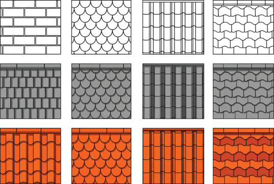 Collection of twelve distinct roof tile patterns and brickwork textures in black white and orange for architectural design inspiration