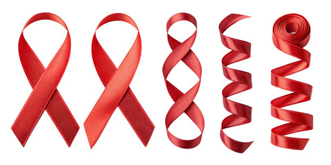 Red Satin Ribbon Set – Awareness, Curled, Twisted, Decorative Glossy Ribbons on Transparent Background
Collection of Red Glossy Satin Ribbons – Loops, Spirals, Curls, and Awareness Ribbon Sh
