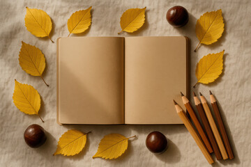 Open blank notebook surrounded by yellow autumn leaves, brown chestnuts, and wooden pencils on beige fabric background