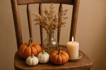Cozy autumn arrangement with pumpkins, dried flowers in glass vase, and lit candle set on rustic wooden chair indoors