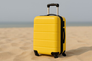 Bright yellow suitcase with wheels standing on sandy beach under clear sky, travel luggage ready for vacation by the seaside