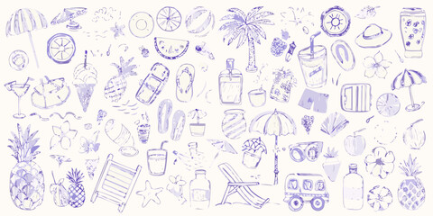 Collection of hand drawn purple summer vacation icons and elements on a white background