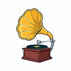 Classic Vintage Gramophone Illustration with Golden Horn Playing a Vinyl Record, Retro Sound Reproduction Device
