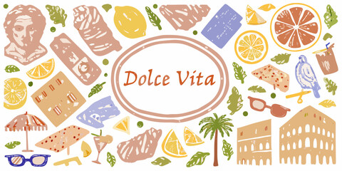 Dolce vita italian lifestyle collage featuring roman landmarks citrus fruits and beach elements