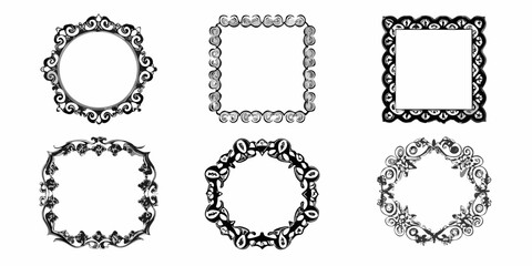 Collection of six ornate black and white decorative frames and borders with vintage and classic styles
