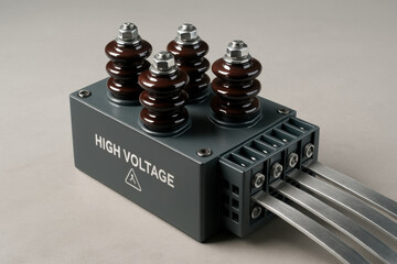 Industrial high voltage electrical junction box with ceramic insulators and connected power cables on neutral background