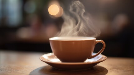 Obraz premium pause. A close-up view of a coffee cup with steam rising, set against a blurred, cozy backdrop. bar promotions, beverage menus, designed for food & beverage menus and cafe branding. 