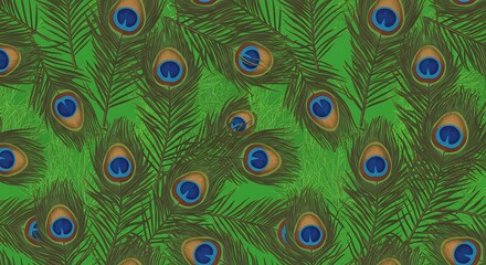 Obraz premium Seamless peacock feather pattern on green background decorative design