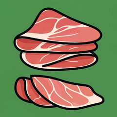 A stack of thinly sliced raw meat with streaks of fat, presented against a plain green background.