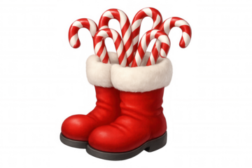 Pair of santa boots with white fur trim holding candy canes, symbolizing christmas holidays and sweet treats, transparent background