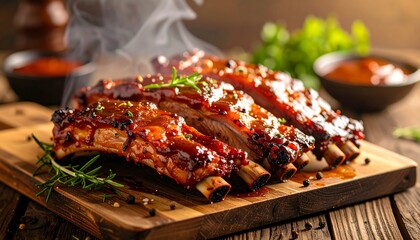 Smoked BBQ Ribs on Cutting Board Juicy  Delicious Dinner Ready to Eat.
