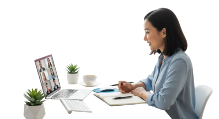 Woman attends a video call while taking notes at her desk at home office