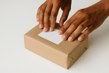 Careful hands applying blank label on reusable brown paper box, sustainable packaging concept for shipping and gifting