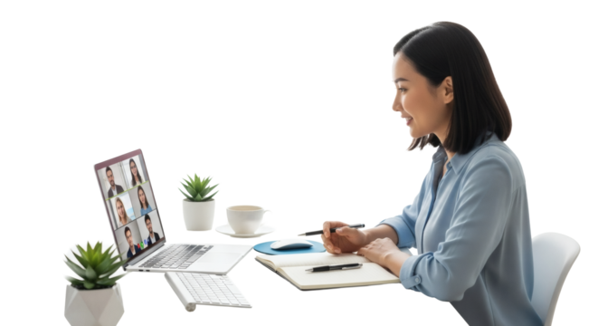 Woman attends a video call while taking notes at her desk at home office