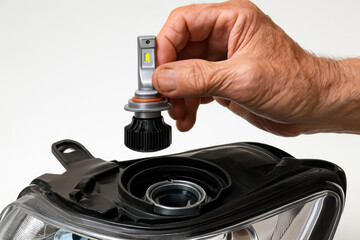 Man replacing modern car headlight bulb, demonstrating led lighting technology upgrade for automotive headlamp maintenance