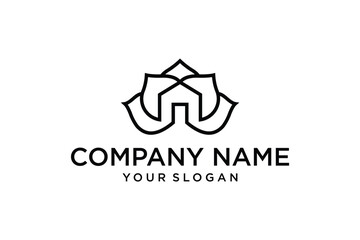 House and Lotus Line Art Icon Logo Isolated on White Background. Vector Illustration.