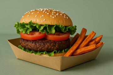 Fresh plant based burger with lettuce, tomato, and crispy sweet potato fries in eco friendly container on green background