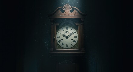Detailed view of an antique grandfather clock showcases a moon-phase dial, roman numerals, and ornate wooden casing set against a dark, mysterious background with subtle particle effects