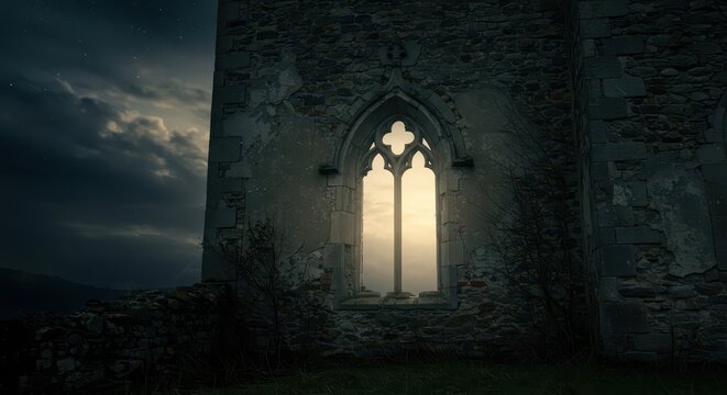 Architectural remnants of an ancient building window capture a gothic style against a backdrop of a dramatic, cloudy night sky, evoking a sense of mystery and history.
