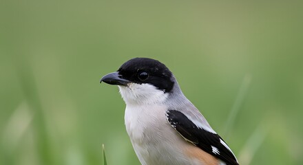 Obraz premium Detailed close up view of a bird with black white and gray feathers outdoors