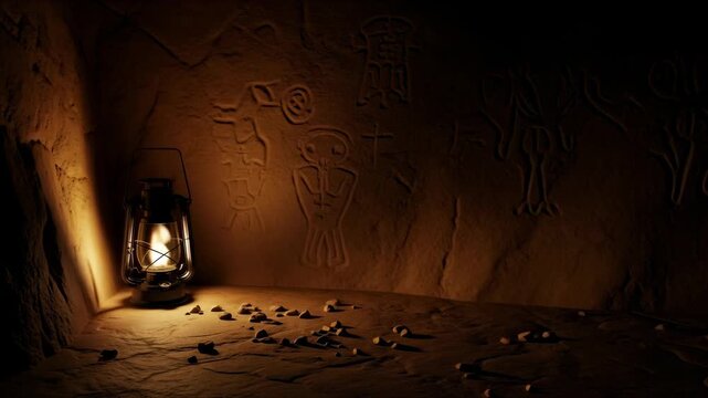 Old oil lamp illuminating ancient cave carvings and petroglyphs on a stone wall, revealing secrets of an extinct civilization, animation
