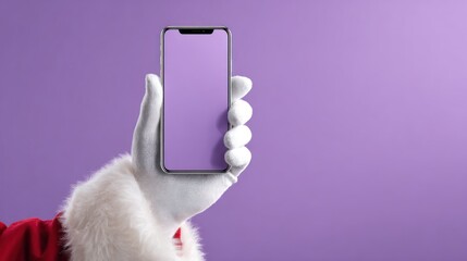 A white-gloved hand, part of a costume, holds a smartphone with a purple screen