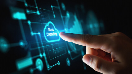 Digital cloud computing technology interface finger touch interactive futuristic network data system