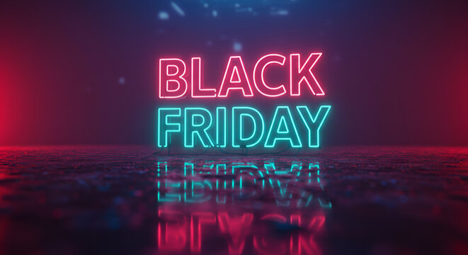 Futuristic neon 3D glowing "BLACK FRIDAY" text floating in a dark cyberpunk city background with reflections on wet asphalt