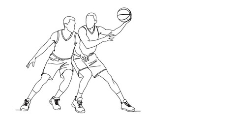 Minimalist line art illustration of two basketball players in an intense game moment, one defending while the other protects the ball, strategy, competition, and athletic motion. Perfect for posters