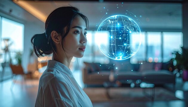 Young Woman Gazing at Futuristic Hologram in Modern Apartment, Contemplative Asian Female Interacting with Virtual Globe Technology